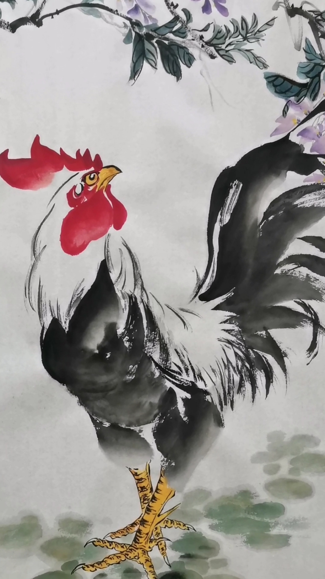 王兴民国画公鸡:风吹紫藤花公鸡打鸣叫,叫得千门万户开