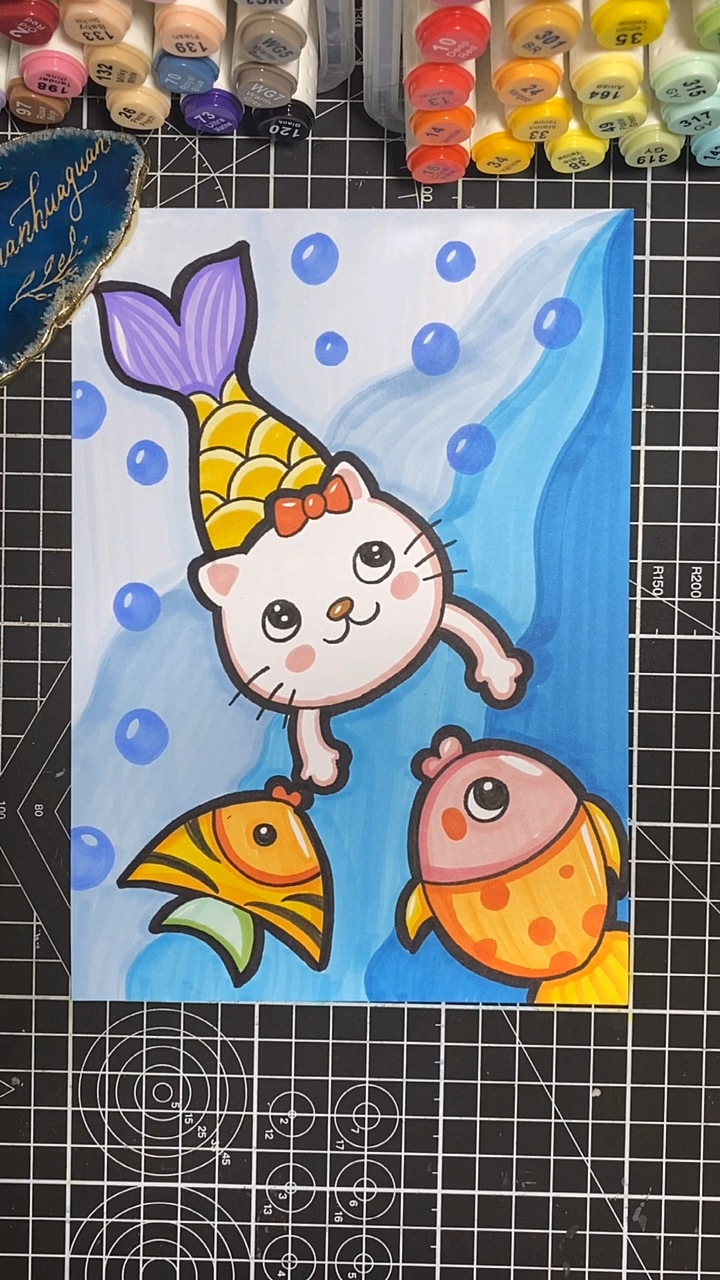#儿童画#美猫鱼抓小鱼～