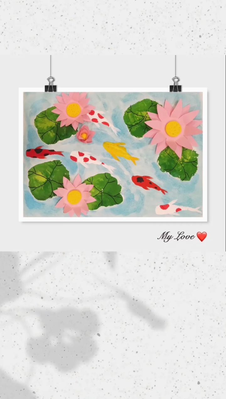 #儿童画#鱼戏莲叶间用自己的小手来画一幅《荷塘》吧