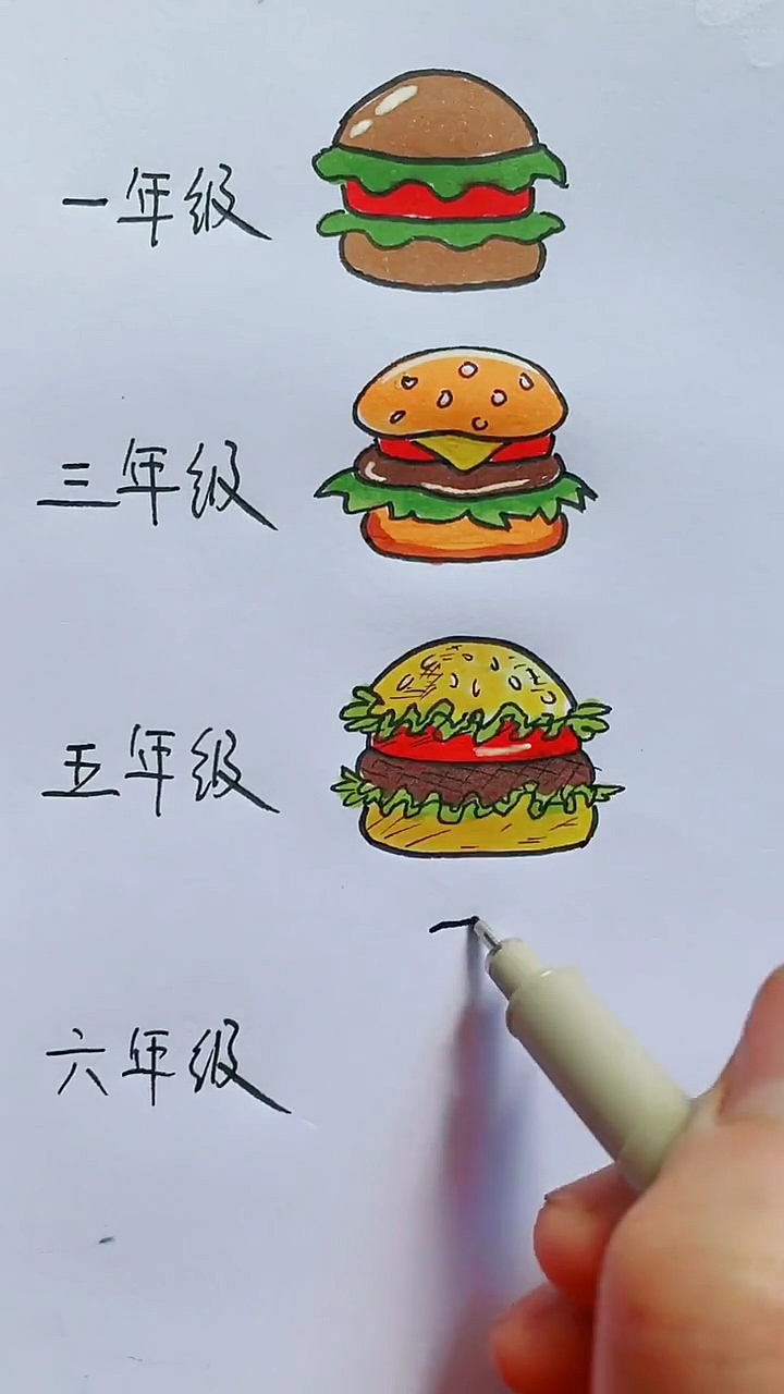 #简笔画#不同年级学生画的汉堡，你最喜欢哪一个？