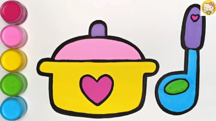 亲子绘画涂色教程,儿童简笔画,画一个锅和勺子