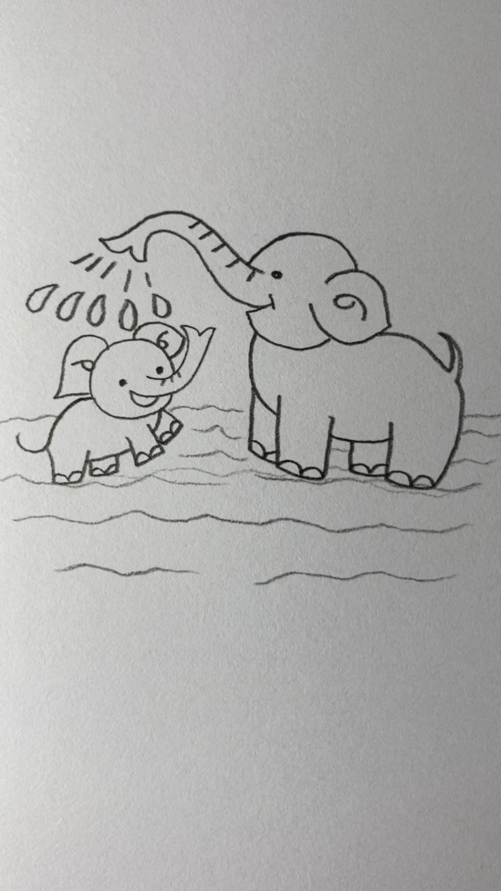 画正在给大象宝宝洗澡的大象妈妈