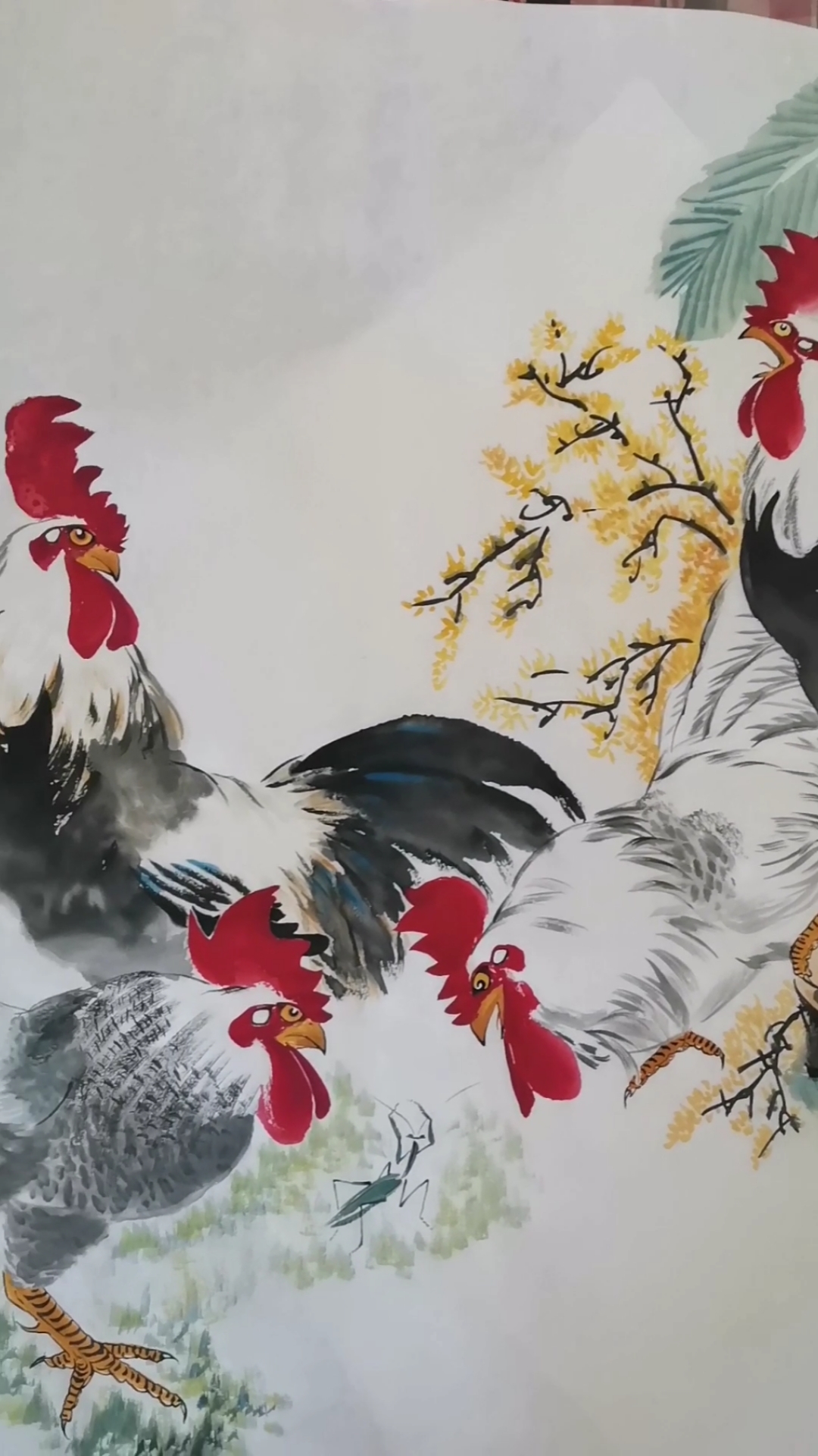 王兴民国画公鸡:作品完成,必上热门,五只公鸡,漂亮威武,值得拥有!
