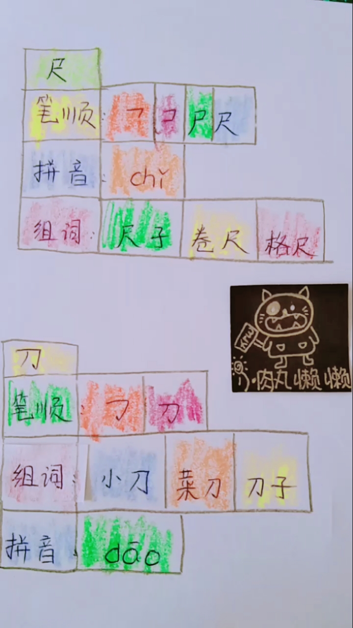 #开学季#部编版小学一年级语文课文汉字·尺刀笔顺拼音组词·小肉丸懒懒