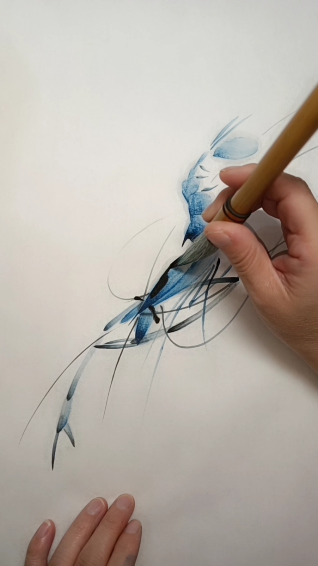 #中国画#一支笔画蓝色虾