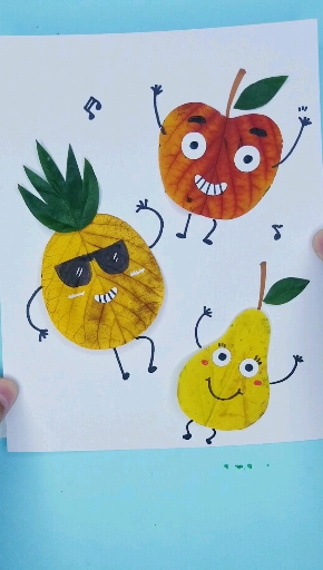 #树叶贴画#用树叶,做一个水果派对拼贴画,你们学会了吗?