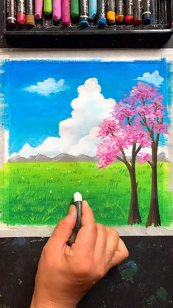 #风景画#油画棒教你画晴空下的樱花树
