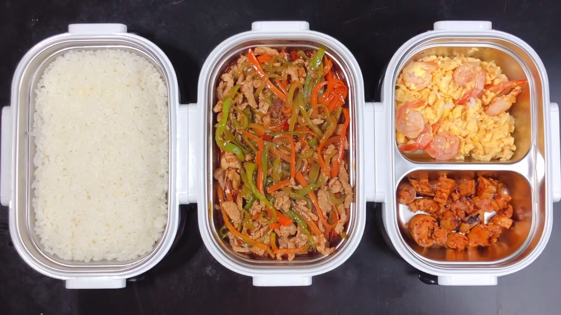 给男朋友送饭第二十一天:鱼香肉丝虾仁滑蛋下饭萝卜干