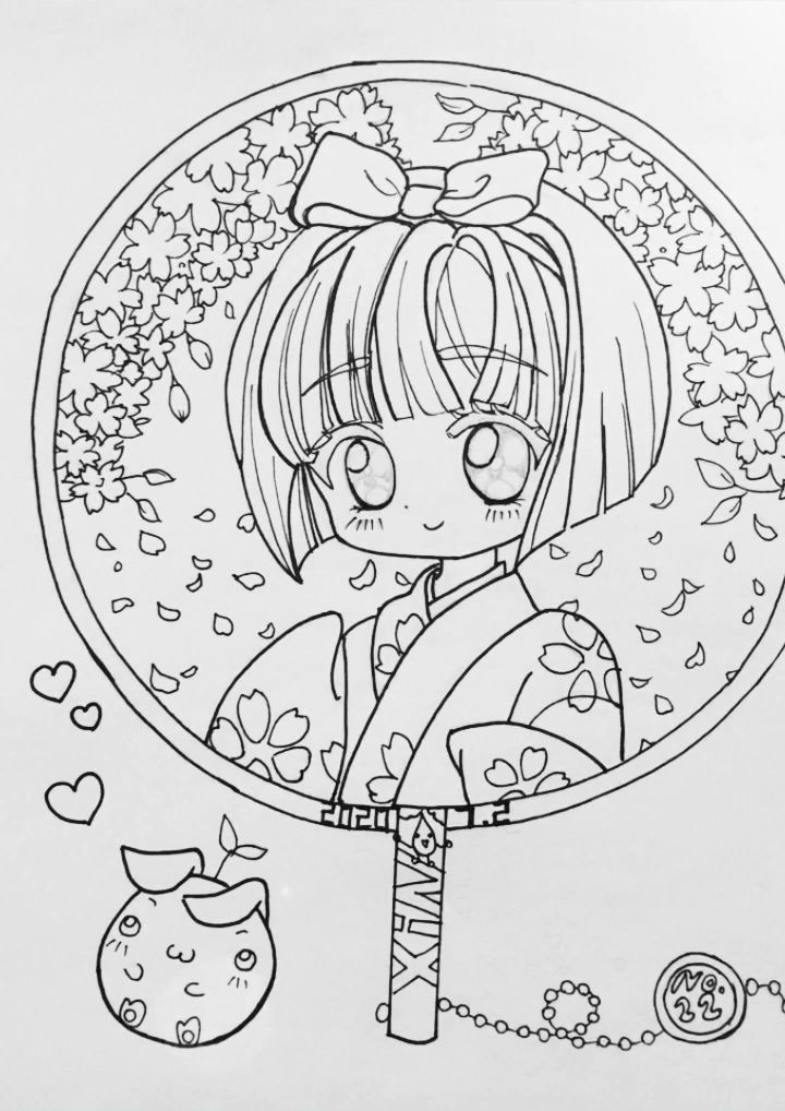 马克笔临摹手绘线稿卡通人物樱花和服少女q版