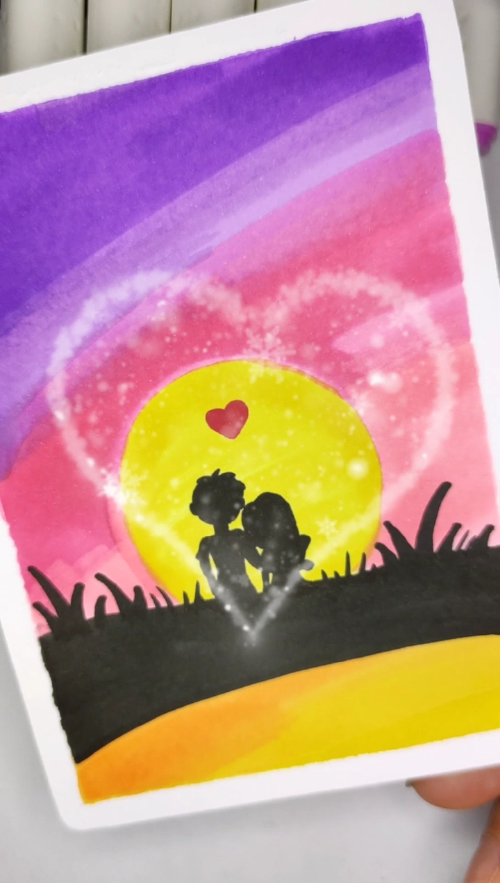 #简笔画#教你用渐变色画七夕主题画,你学会了吗?