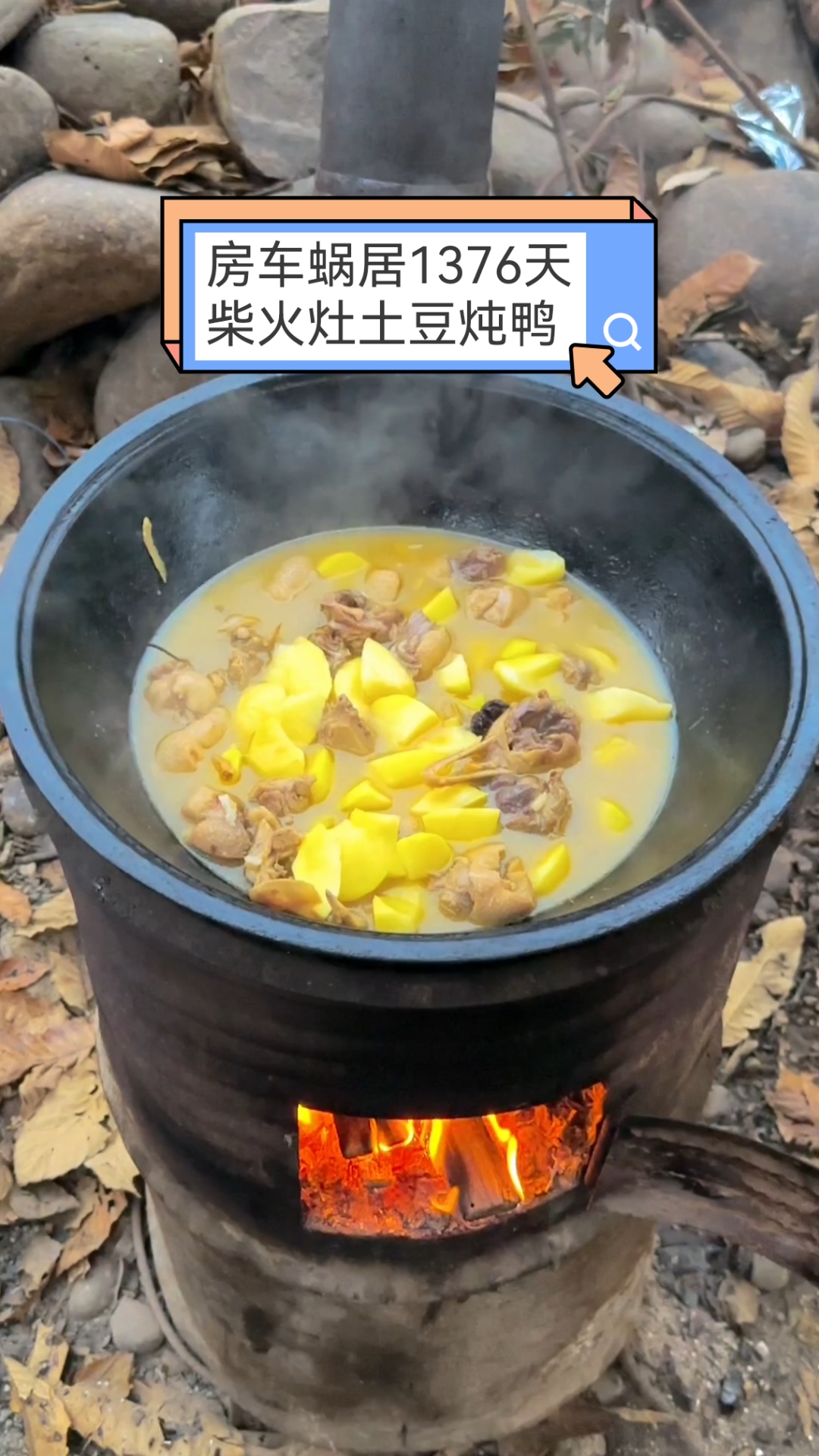 不买房常年房车蜗居深山第1376天,柴火灶大铁锅土豆炖鸭