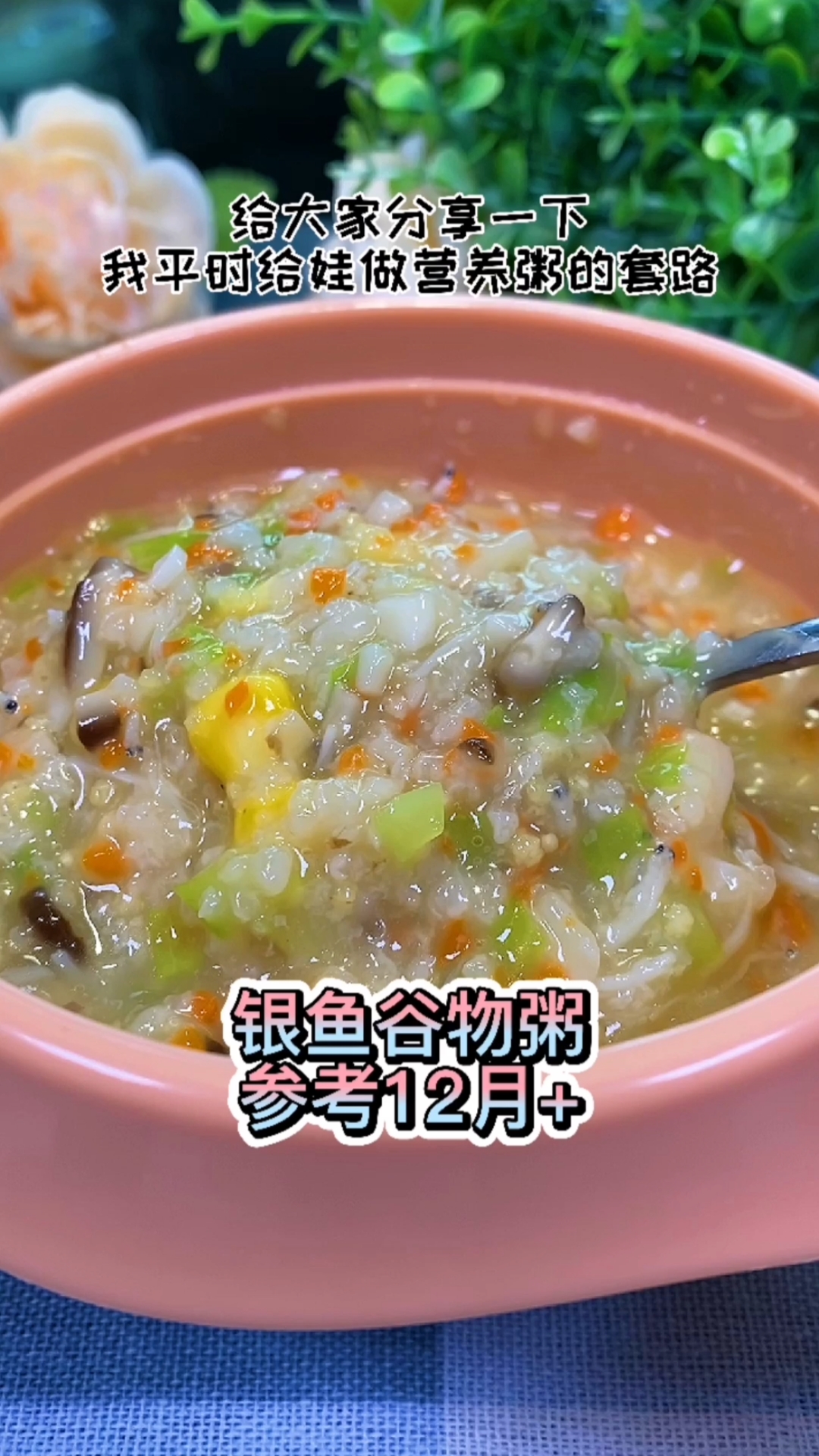 白粥的营养比较单一,给宝宝吃的还是这样的营养粥为好,有肉有菜还有五谷杂粮,营养满
