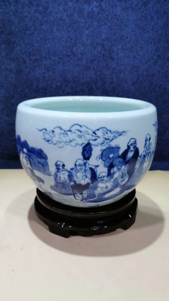 #在家云旅游#手绘青花十八罗汉笔洗,鱼缸,口径14.5厘米,高14厘米#建议建立农民退休制