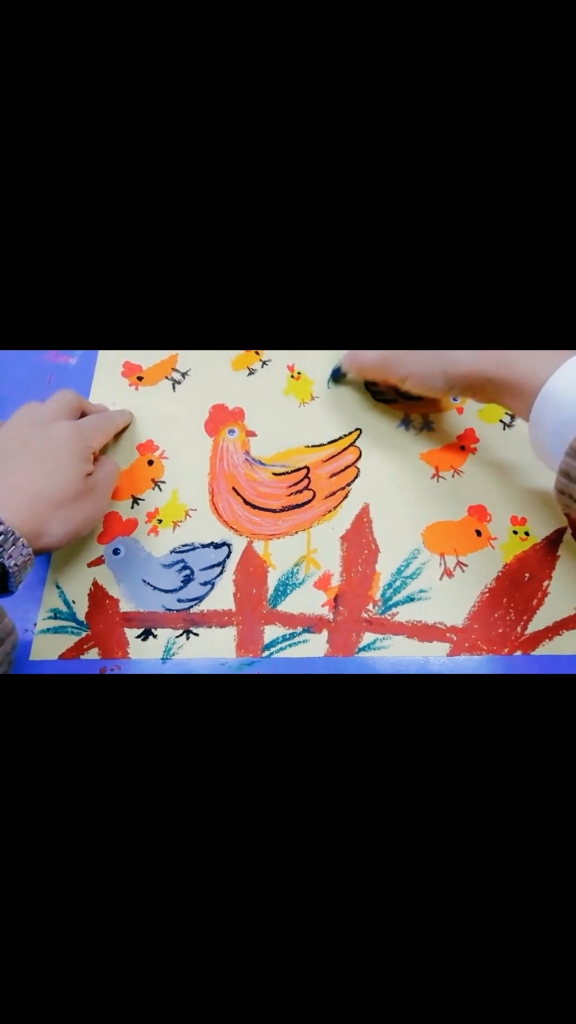 #画画原来如此简单#创意儿童画《小鸡一家》,重彩油画棒作品