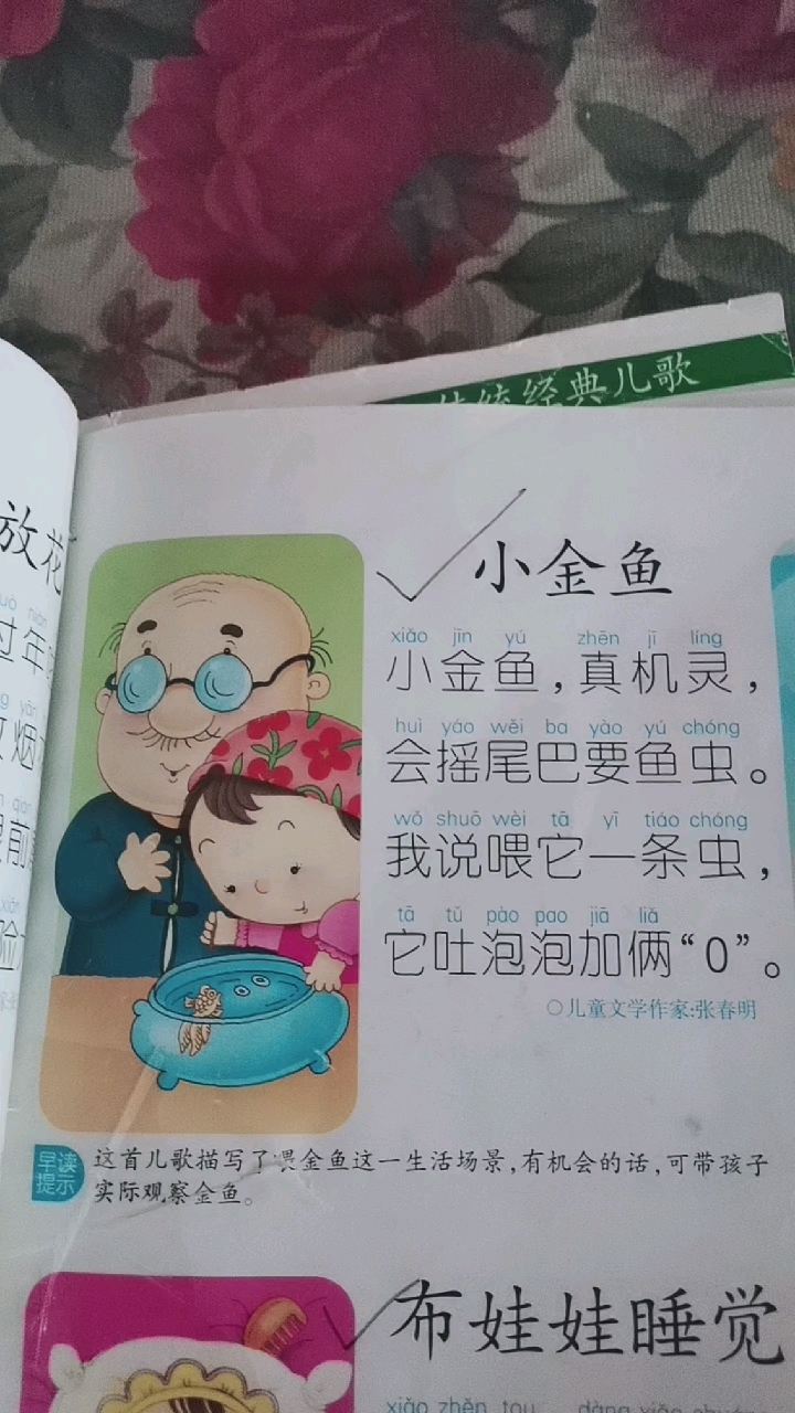 经典儿歌。小金鱼。会摇尾巴要鱼虫。我说喂它一条虫。它吐泡泡加俩“0。布娃娃睡觉