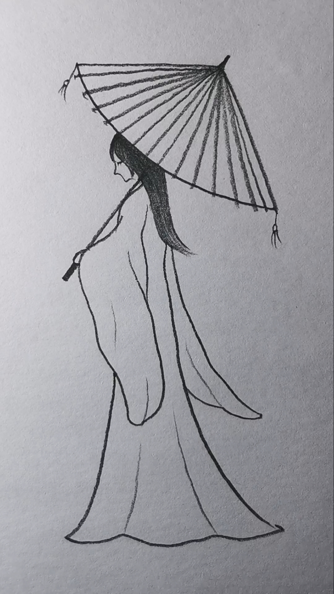 古风美女侧脸打伞简笔画。