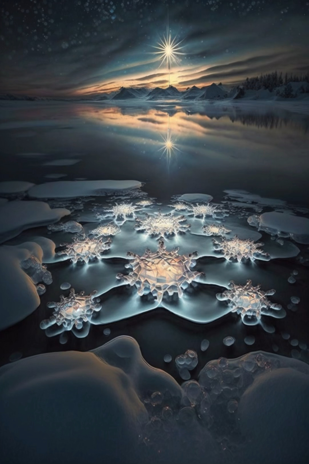 #手机壁纸#夜晚的水面结冰了,神奇的是既然形成了一朵朵冰花,美丽极了!