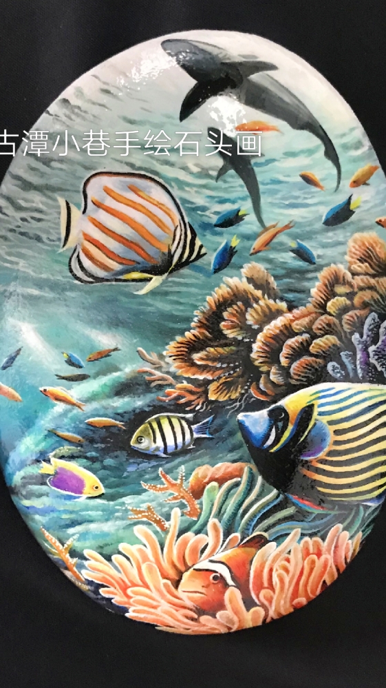 #寻找最牛手艺人#古潭小巷手绘石头画,心血来潮画了一幅海底世界,有鲨鱼的珊瑚礁,想要写实些