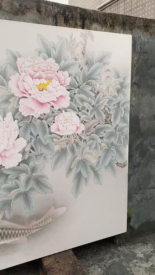 工笔鲤鱼牡丹,富贵有余,李杰武工笔画。