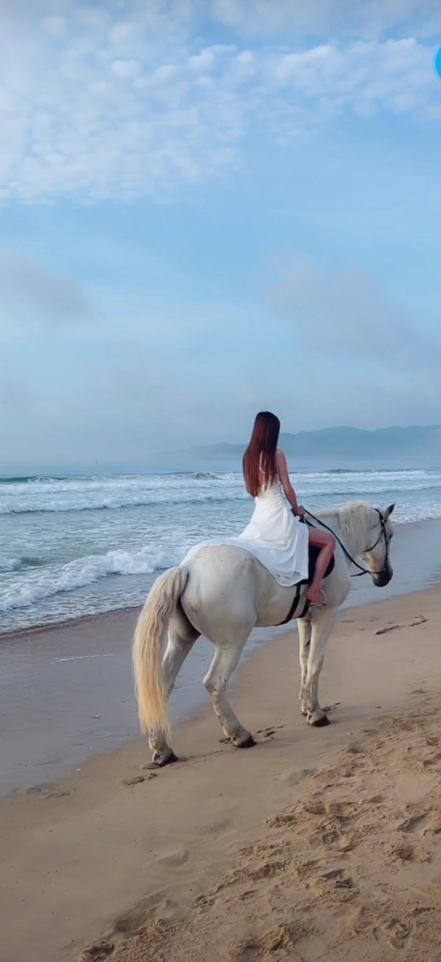 旅游进行时#沙滩白马美女,美丽的背影,回眸一笑.