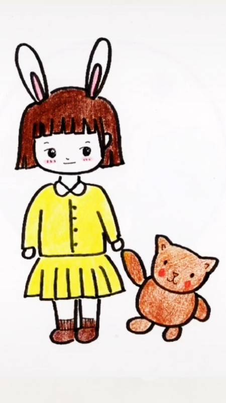 我和春天有个约会#小姑娘与洋娃娃简笔画