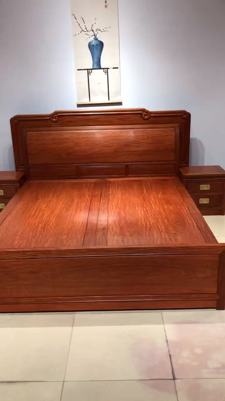 缅花(大果紫檀)水波纹国色天香大床3件套,料子好,榫卯结构-度小视