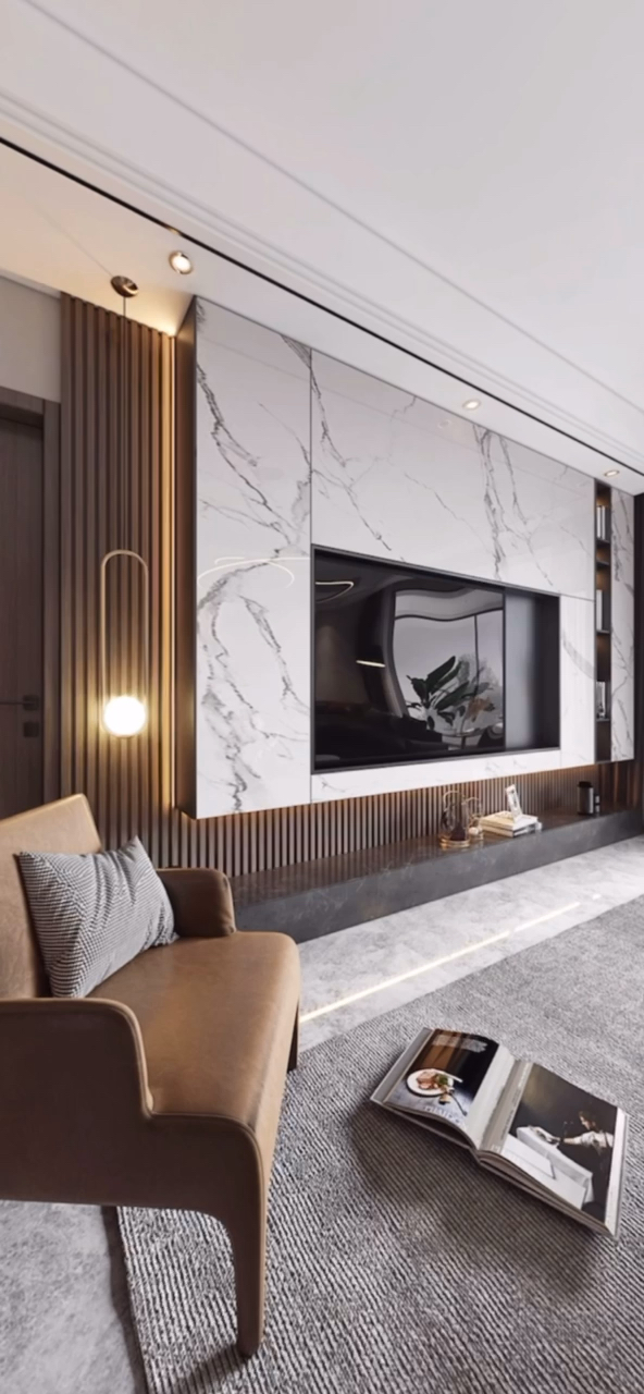 客厅背景墙#木格栅悬空背景墙