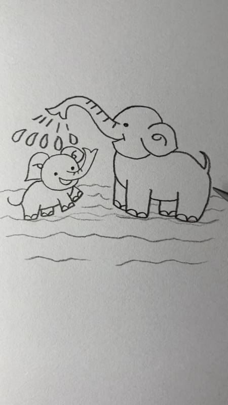画画原来如此简单#画玩耍的大象和小象
