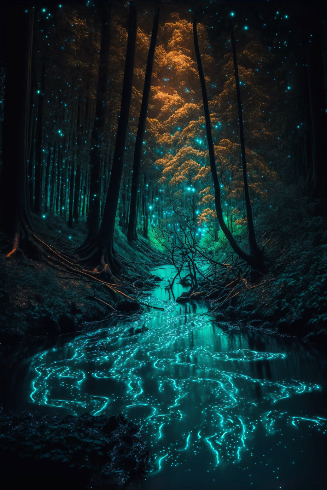 手机壁纸#梦幻的森林,发光的小溪.-度小视