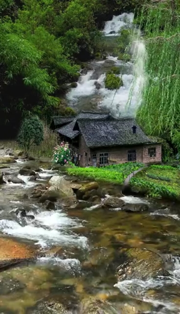 绿水长流,云深不知处,只缘身在此山中,瀑布下有人家老房子