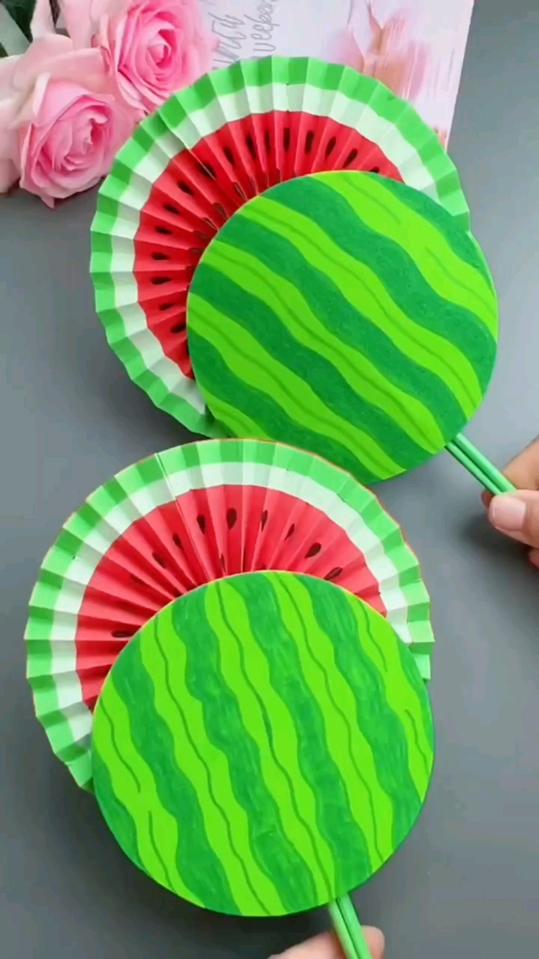 手工制作#折两把好看的西瓜扇子给大家扇扇凉
