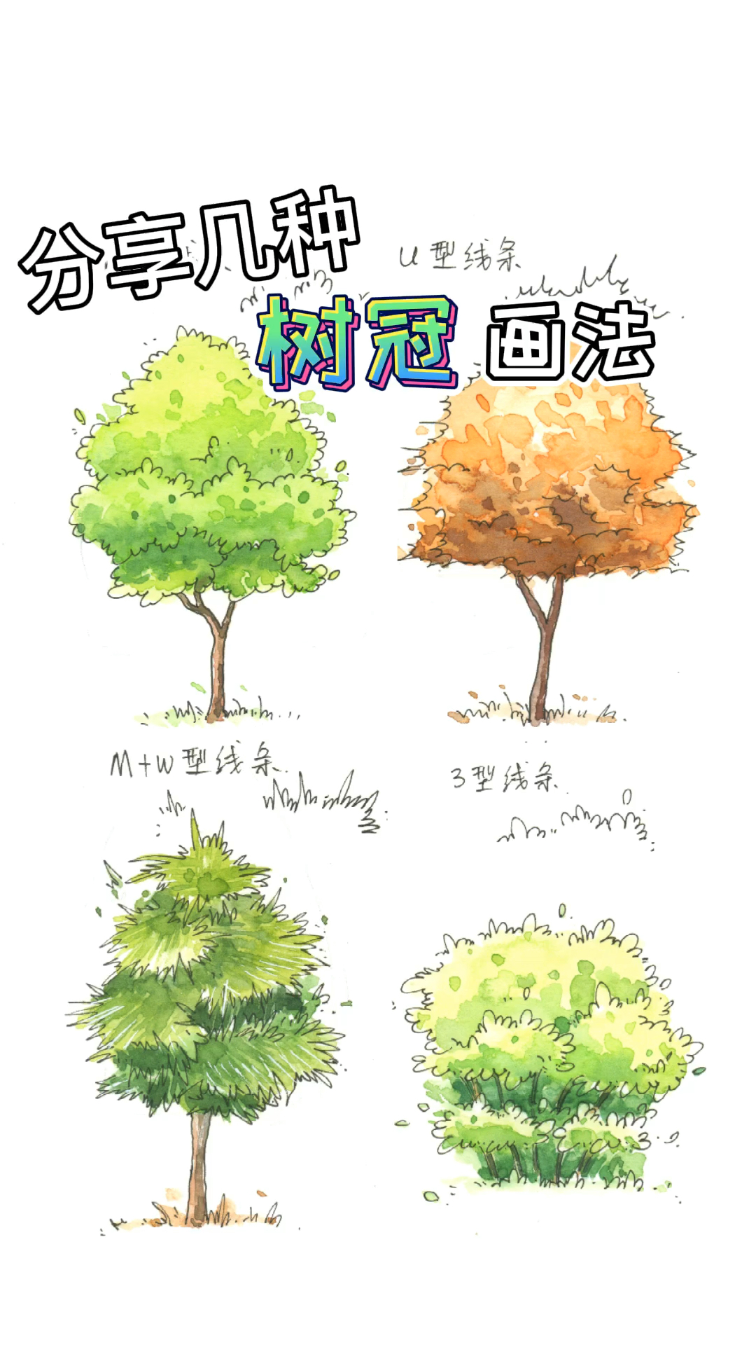 钢笔淡彩#分享几种常用的树冠画法,学会了吗?-度小视