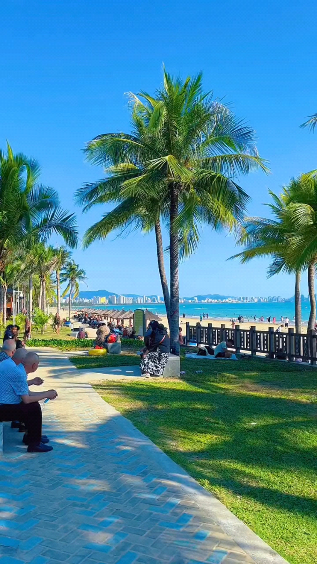 三亚湾阳光沙滩海浪椰树游人绿草坪景色怡人