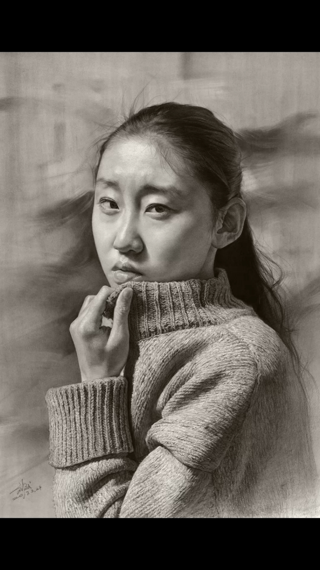 绘画#刘斌老师超写实素描作品《穿毛衣的女青年》-度小视