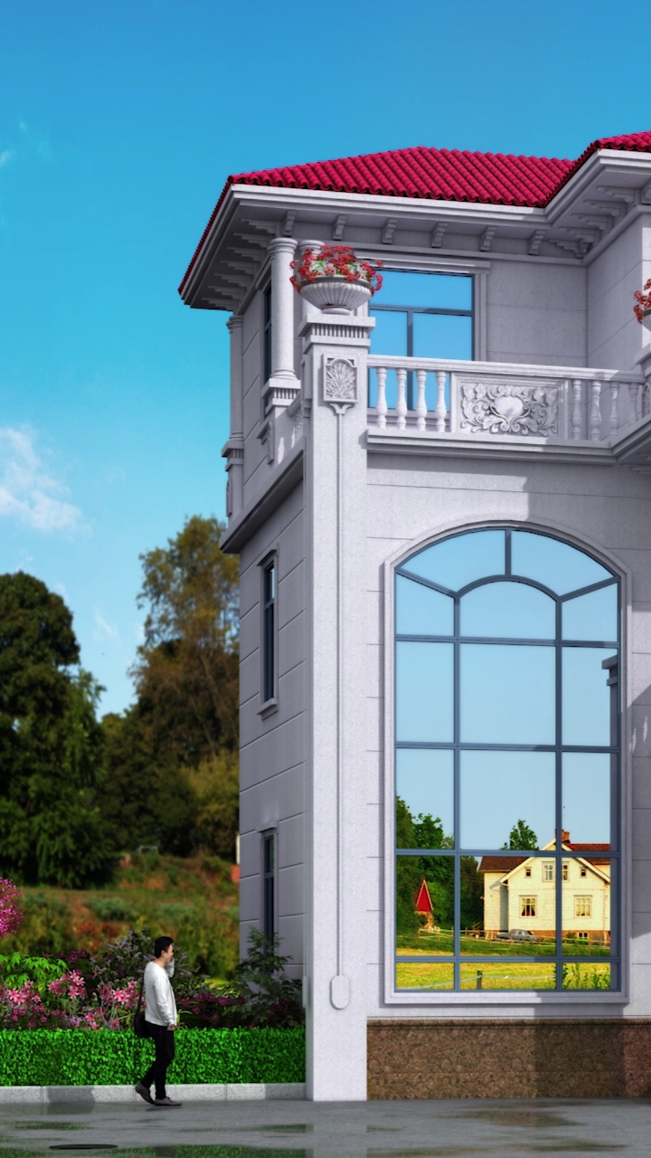 三层别墅外观设计,仿石漆效果,山东白麻