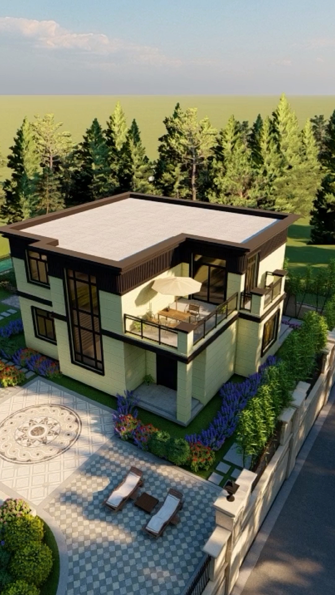 农村自建房#现代带新中式元素的平顶别墅,还有个大露台,其实节约了