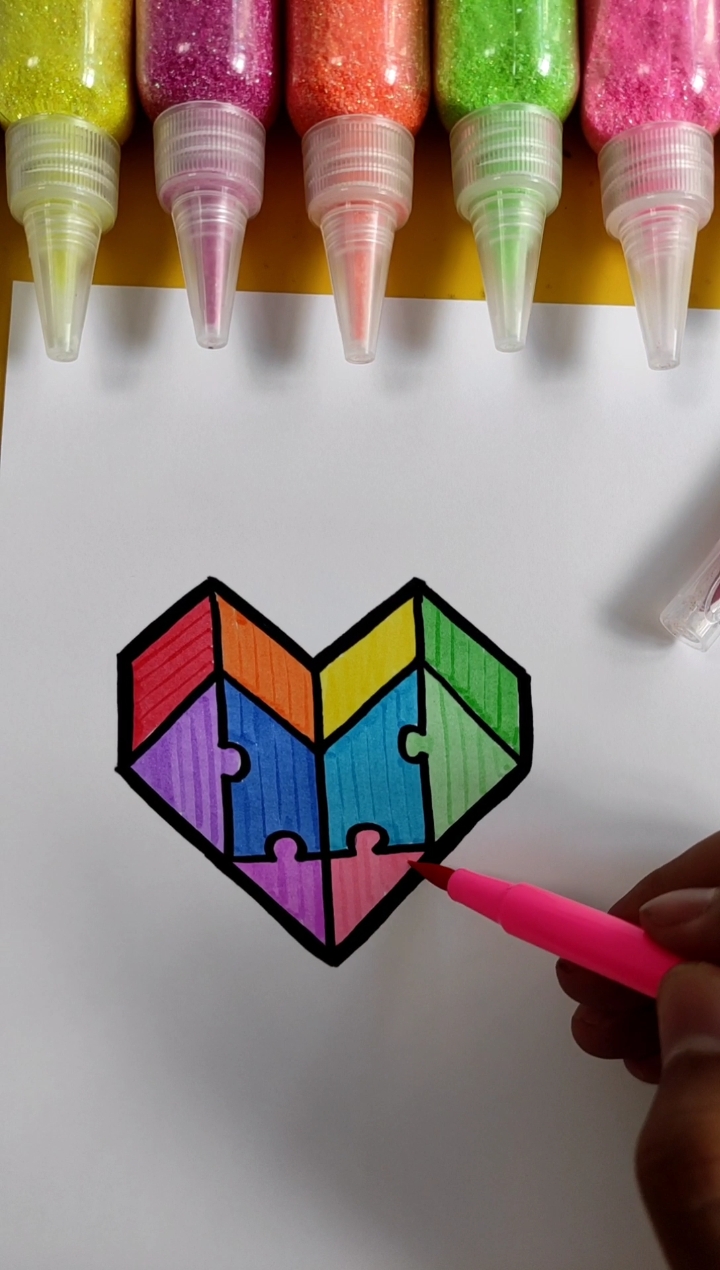 简笔画#桃心拼图立体画