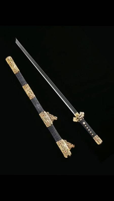 破壳计划#八龙天铁陨铁锻打黄铜镂空雕刻镀金鱼皮柄鞘传世级唐刀