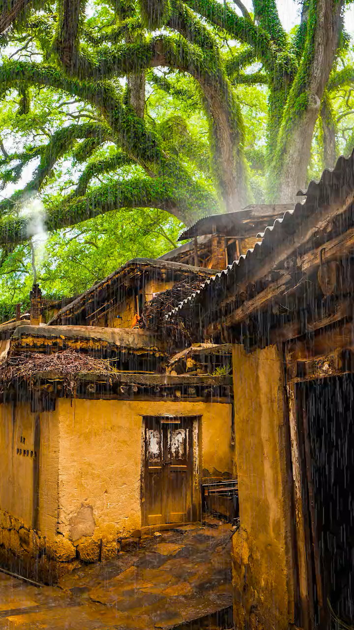 听雨是一种宣泄,看雨是一种解压,茅屋古树惹了聚雨,浓墨翠绿惹了相思