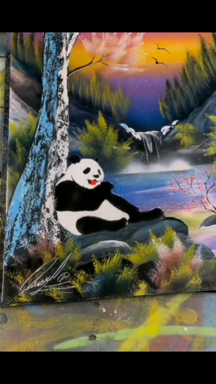 喷漆画#怪不得大家叫它熊猫,原来它有几分像熊,又有几分像猫啊!