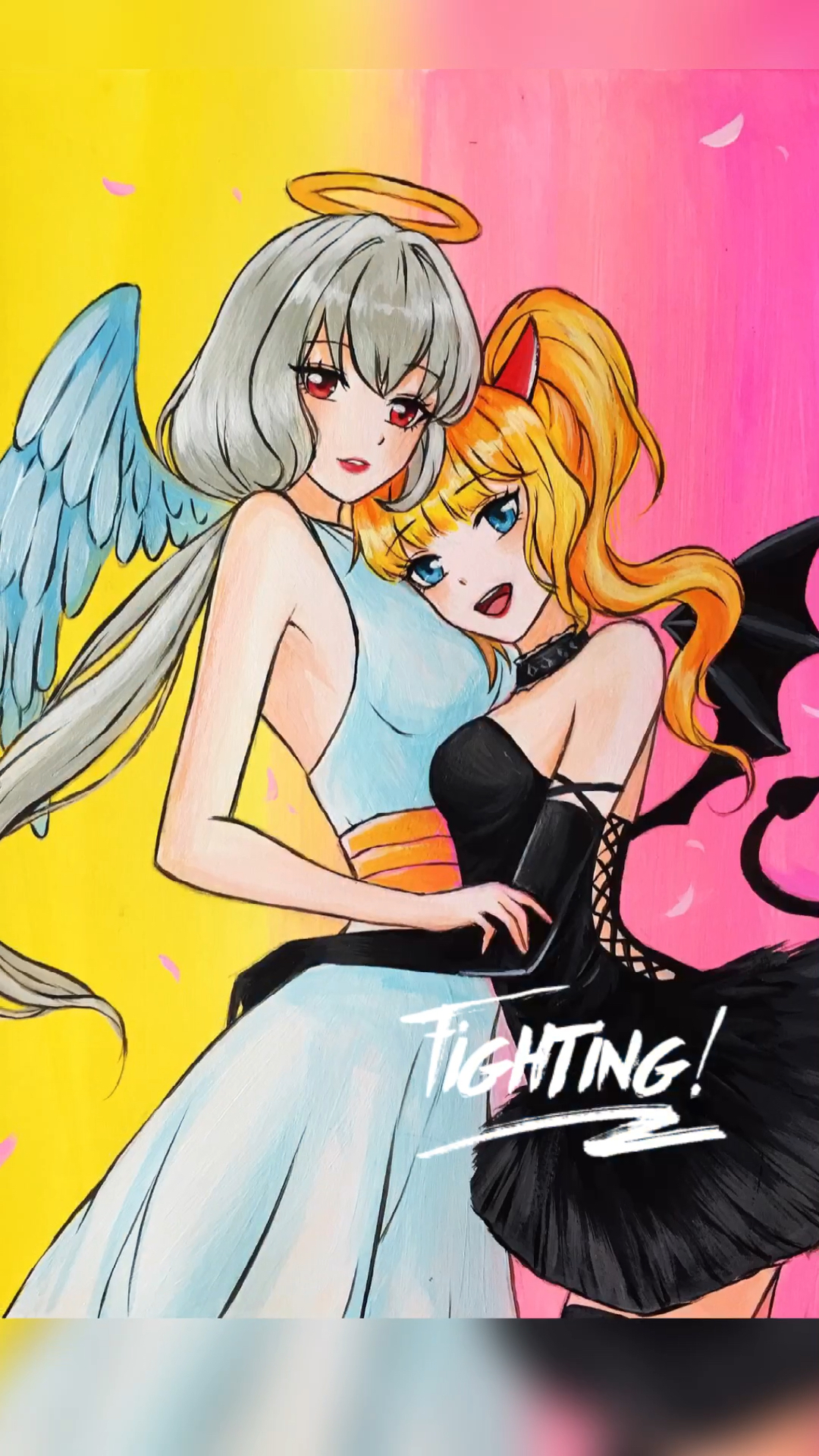 画画#老爸画的天使与魔鬼vs我画的天使与恶魔,两姐妹情同手足～-度小