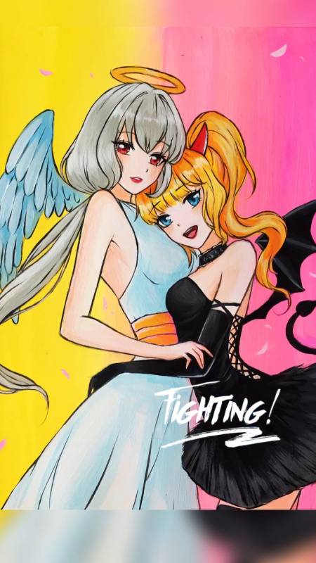 画画#老爸画的天使与魔鬼vs我画的天使与恶魔,两姐妹情同手足～-度小