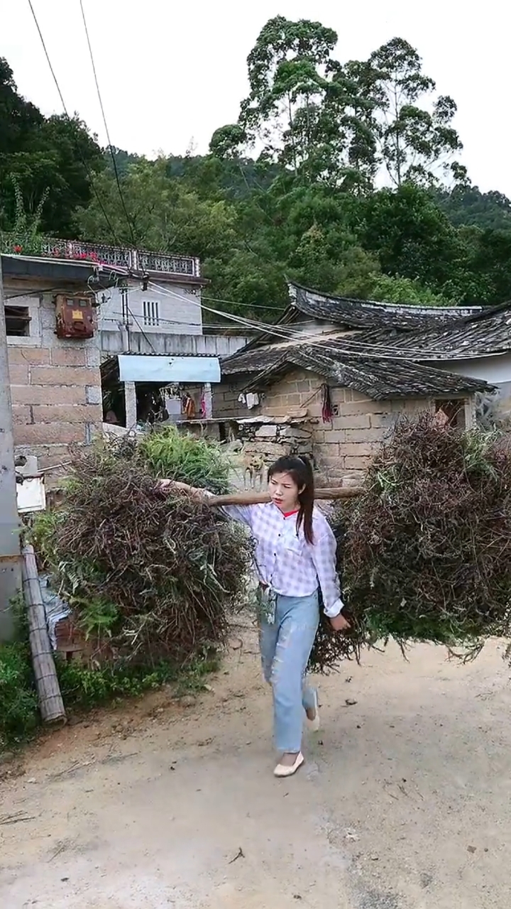 农村姑娘挑柴火,生活把我逼得像个女汉子