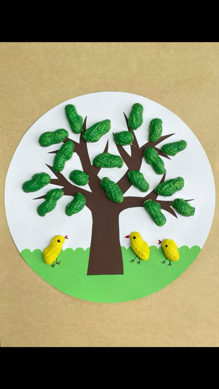 幼儿园手工#吃完的花生壳不要扔,一起做一副小树拼贴画吧.