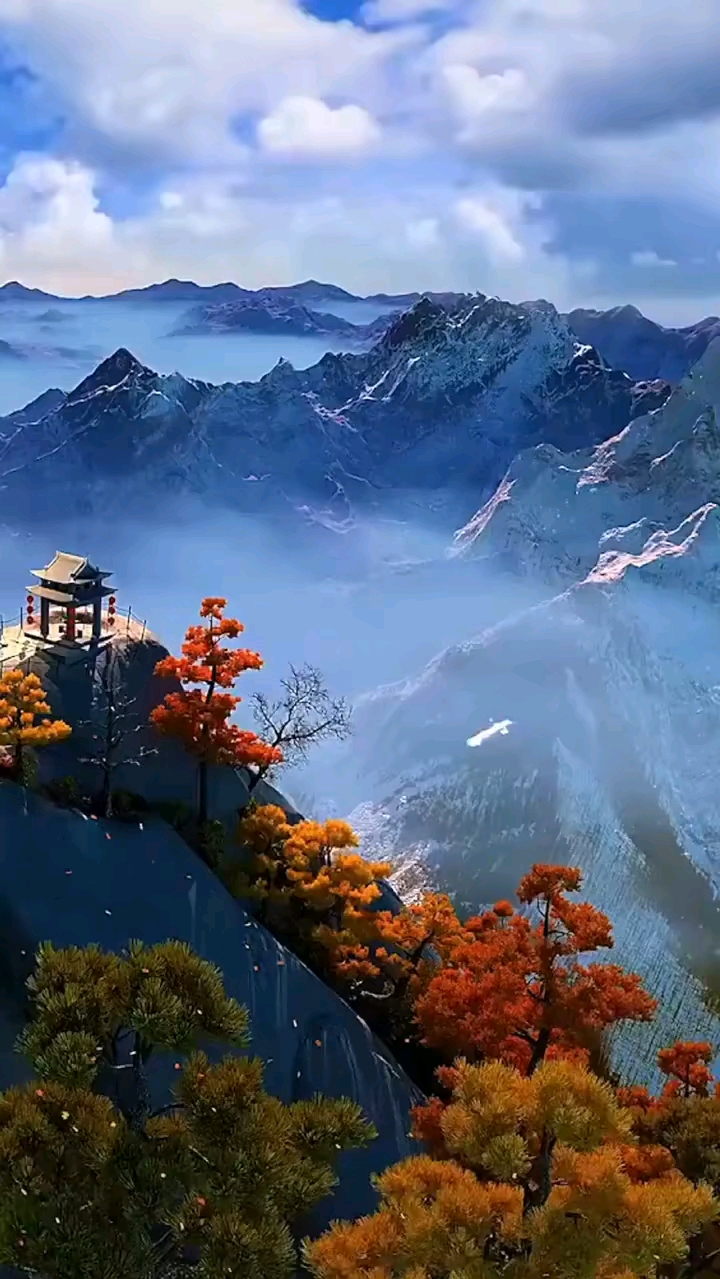 云雾飘飘漫仙山,白鹤展翅翔碧霄.秋叶斑斓峰峦秀,醉倚长亭乐逍遥.