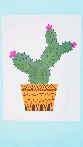 树叶贴画用树叶做一盆漂亮的仙人掌快来一起玩吧