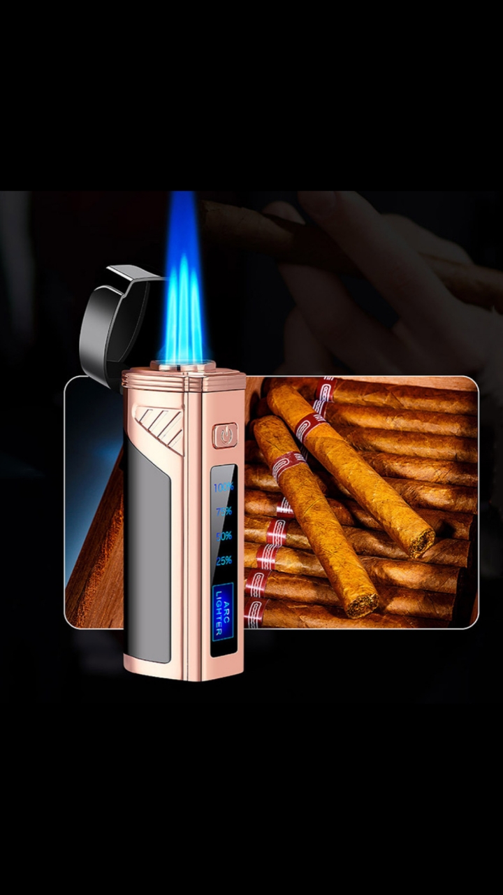 th839大火力充电三直冲防风雪茄打火机锌合金电量显示充气火机