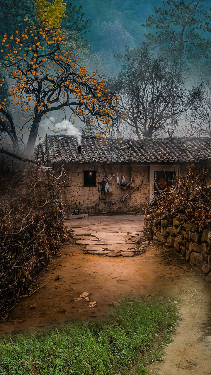 乡愁#瓦房升孤烟,屋旁柿树满:柴门空惆怅,后山鸟语响.