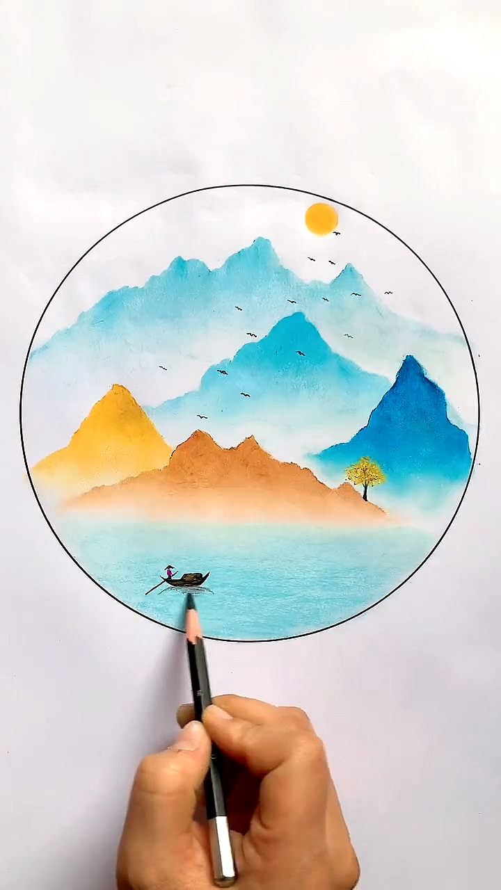 风景画#山水风景这样画,简单有意境.