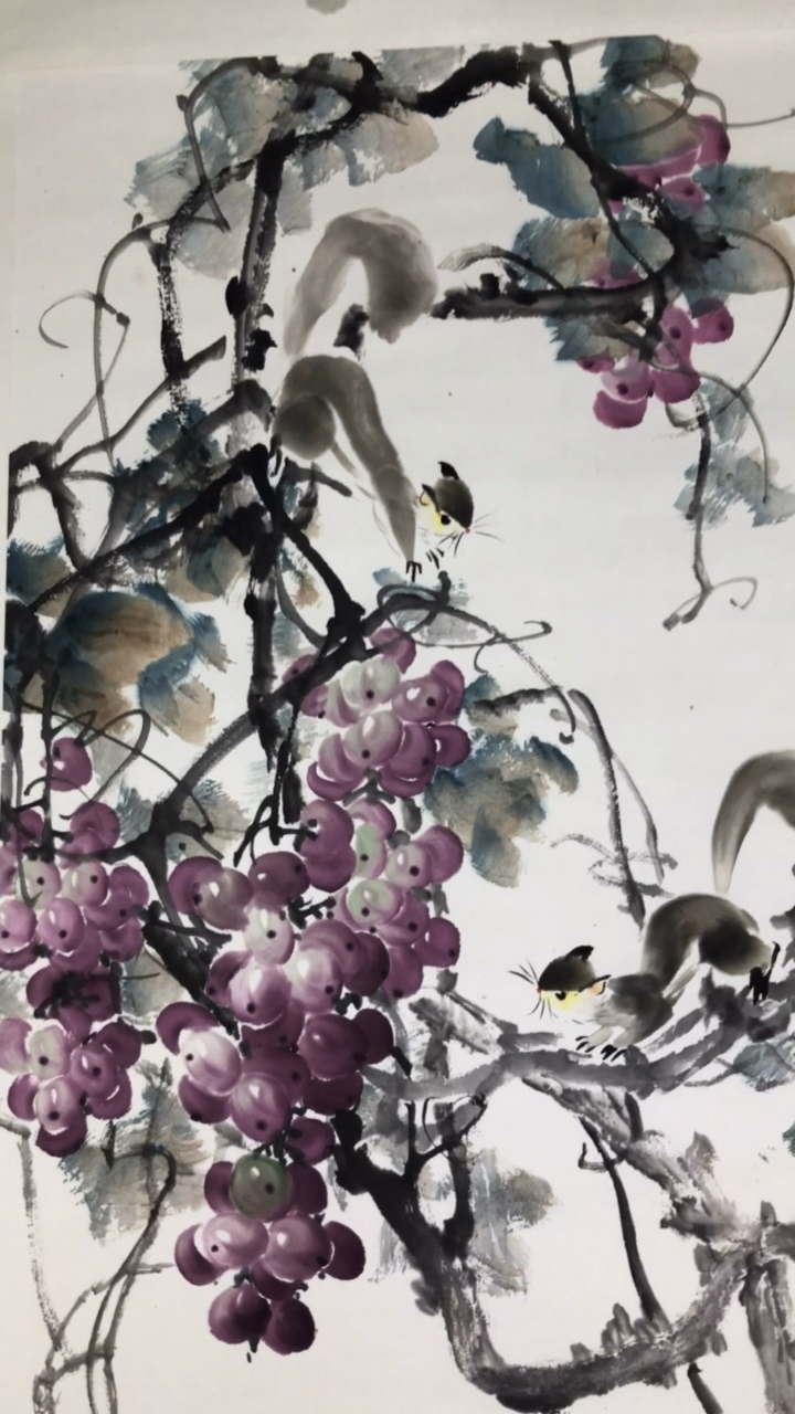中国画父亲著名画家曾江涛国画葡萄精品欣赏写意花鸟画作品三尺中堂四